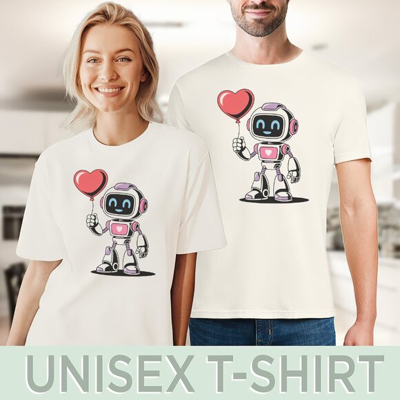 Cute Robot Heart Balloon Tee Valentine Love Shirt - Picture 5 of 6